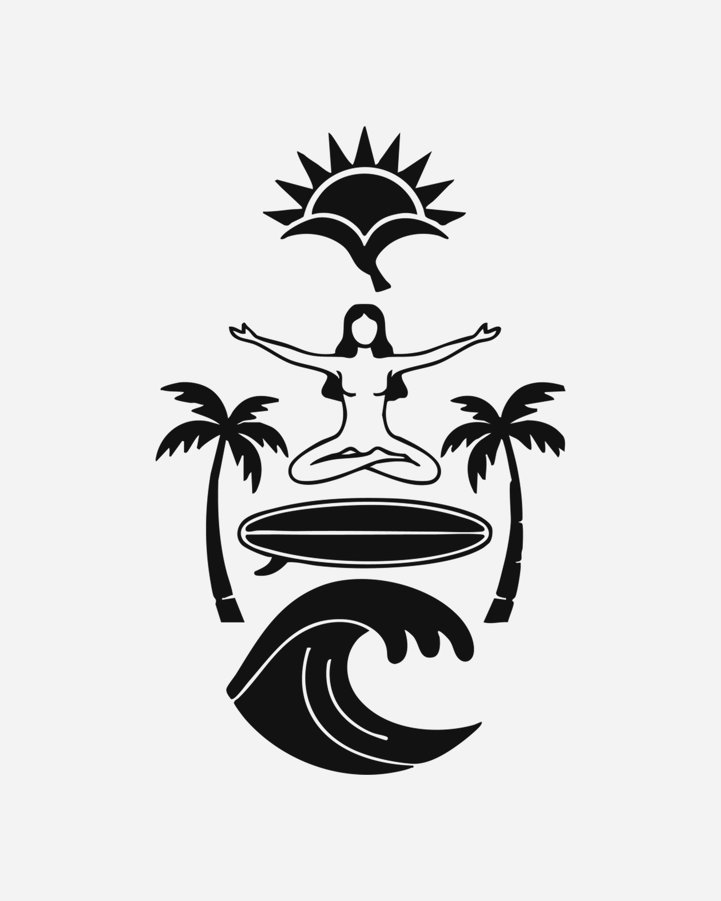 A Sunrev mark in black — sun, figure, palms, surfboard and wave, drawn in the woodcut tradition