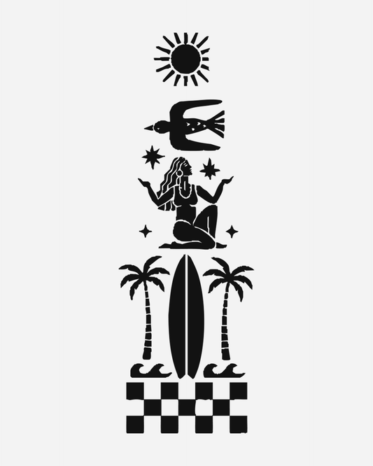 The Goddess & Checkerboard mark in black — the goddess figure set above a checkerboard ground, drawn in the woodcut tradition